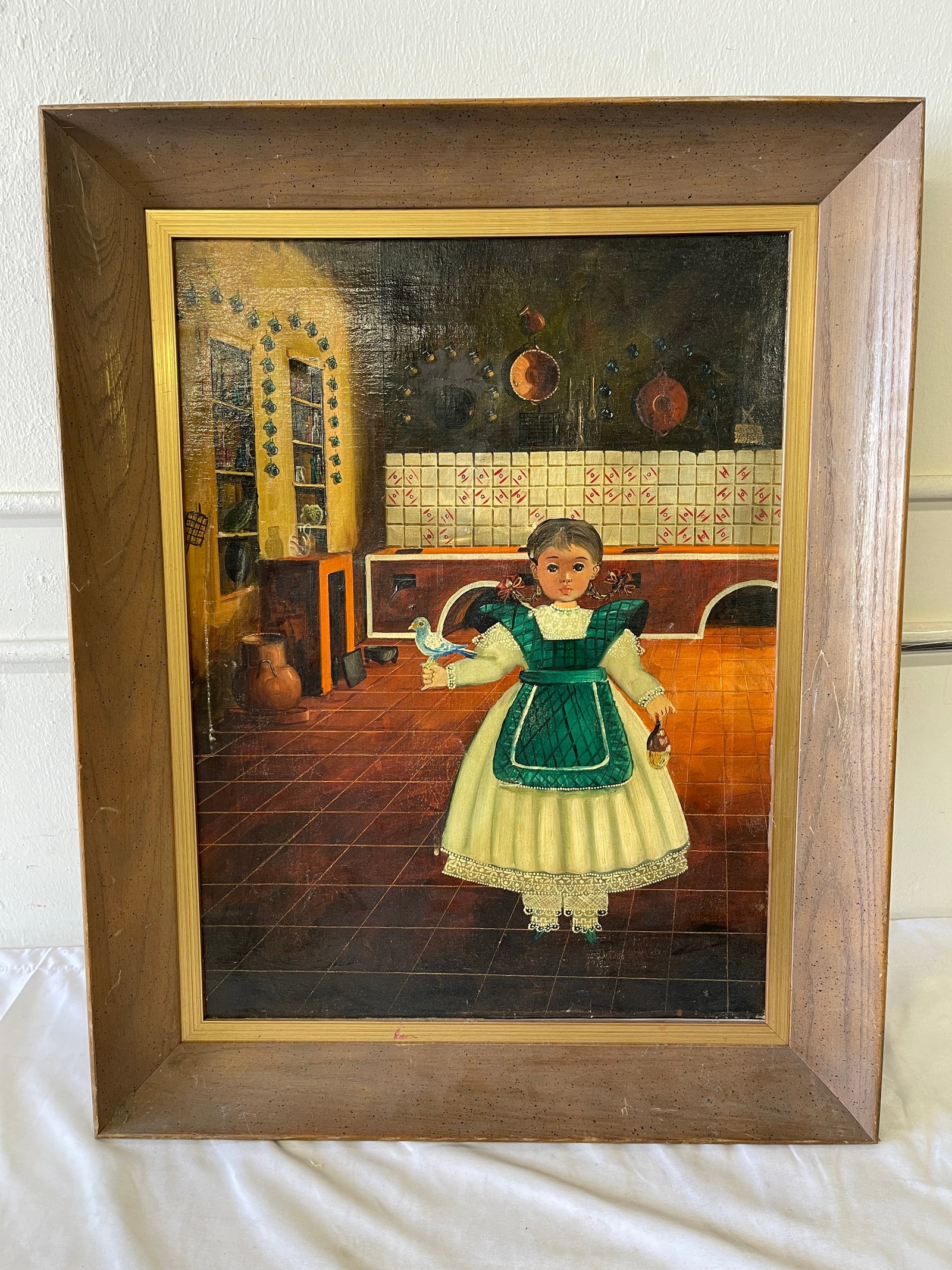 Mexican Folk Art Girl Oil on Canvas Painting Kitchen Scene 24x18 Framed (1 of 5)