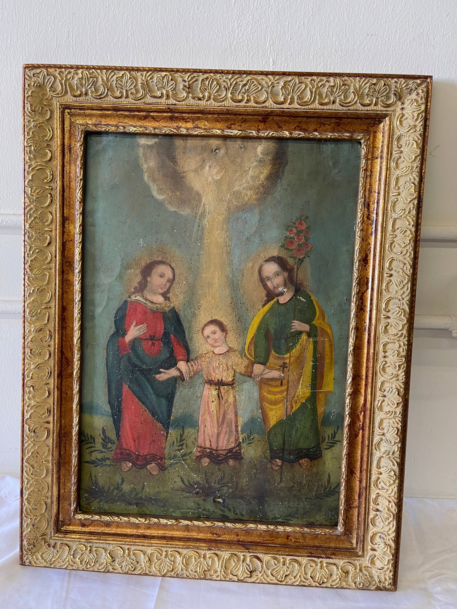 Antique Colonial Latin American Religious Oil Painting on Panel, Holy Family, 20x14 (1 of 4)