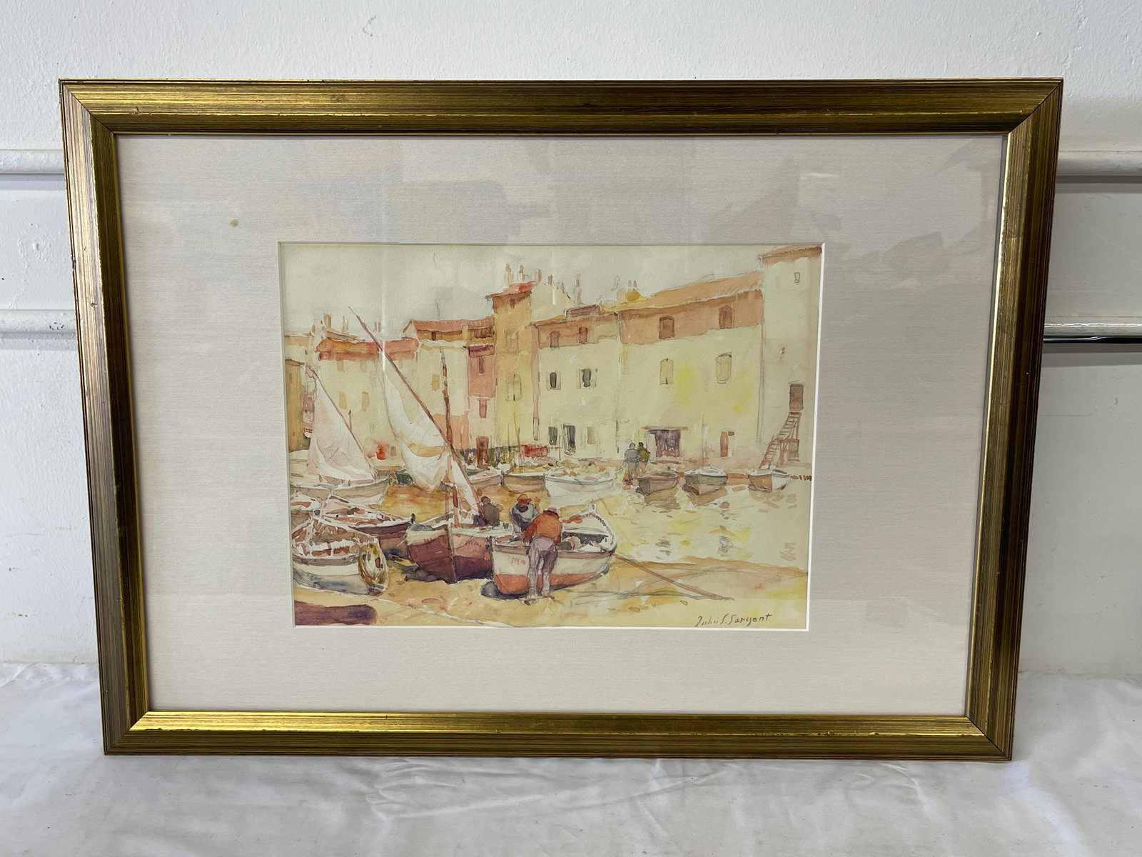 John S. Sargent Signed Watercolor Harbor Scene with Boats, Framed 27.5x20 (1 of 5)