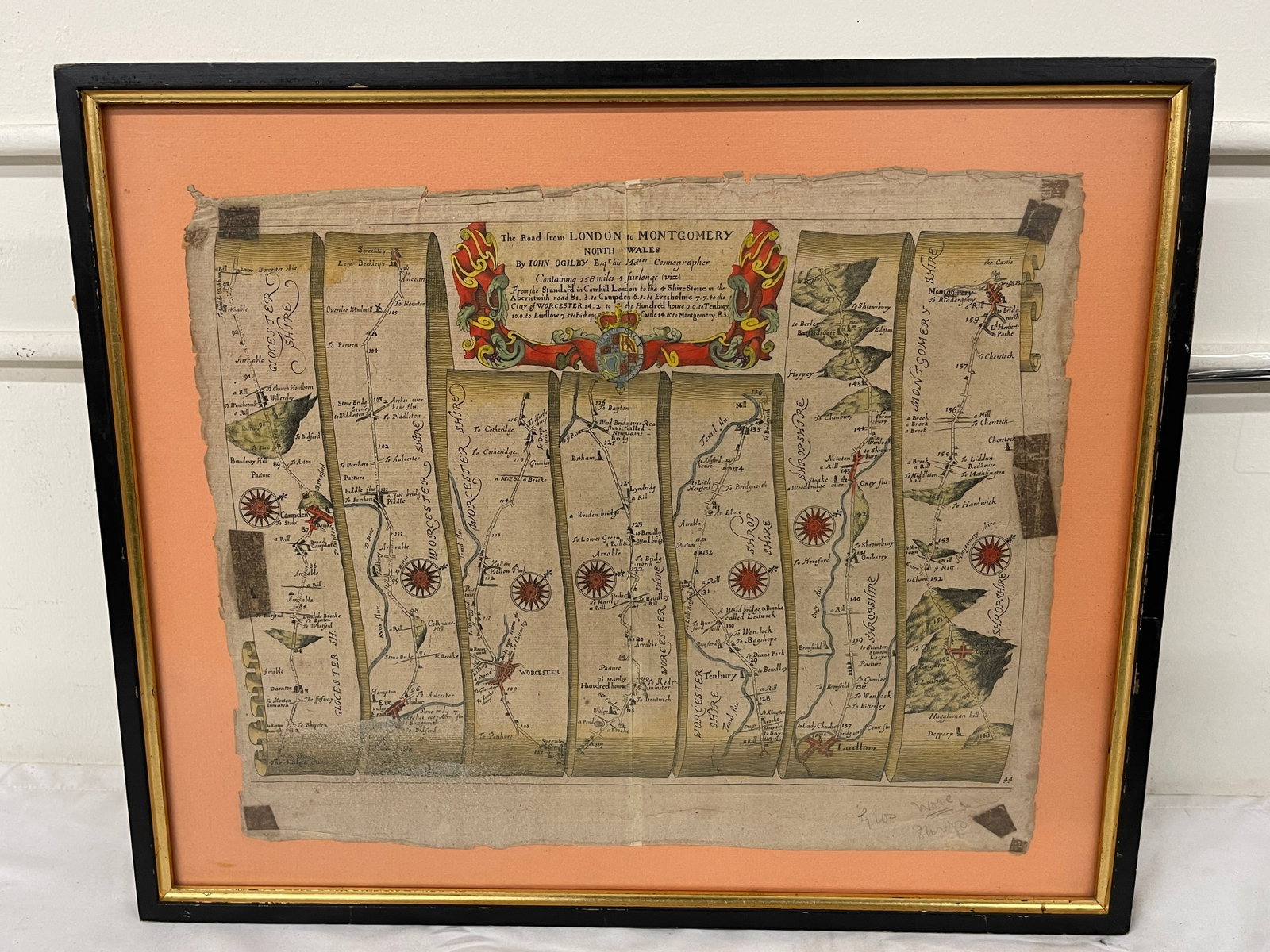 John Ogilby Hand-Colored Road Map London to Montgomery North Wales c.1675 (1 of 5)