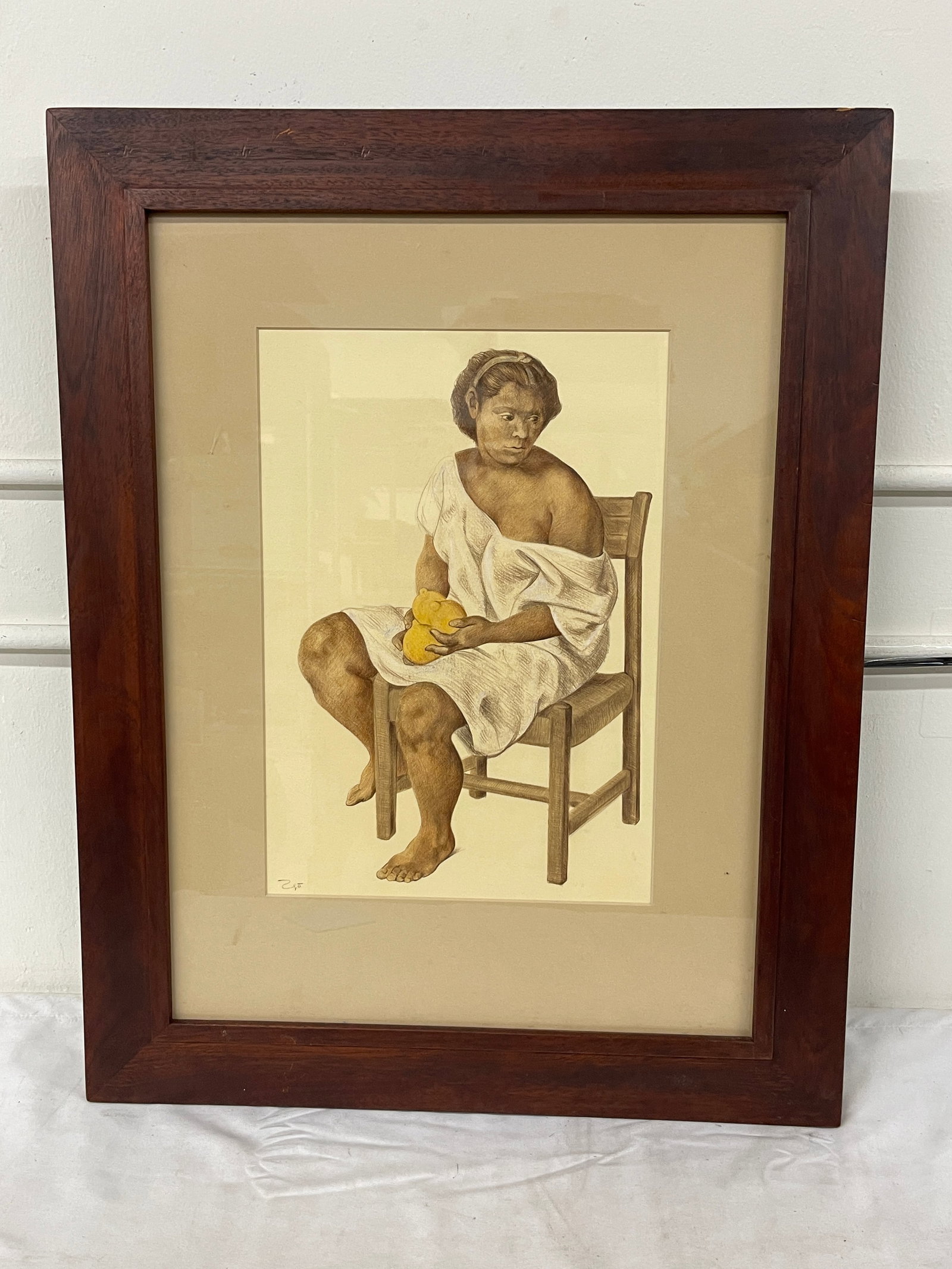 Framed Colored Pencil Drawing Seated Indigenous Woman with Fruit, Signed (1 of 4)
