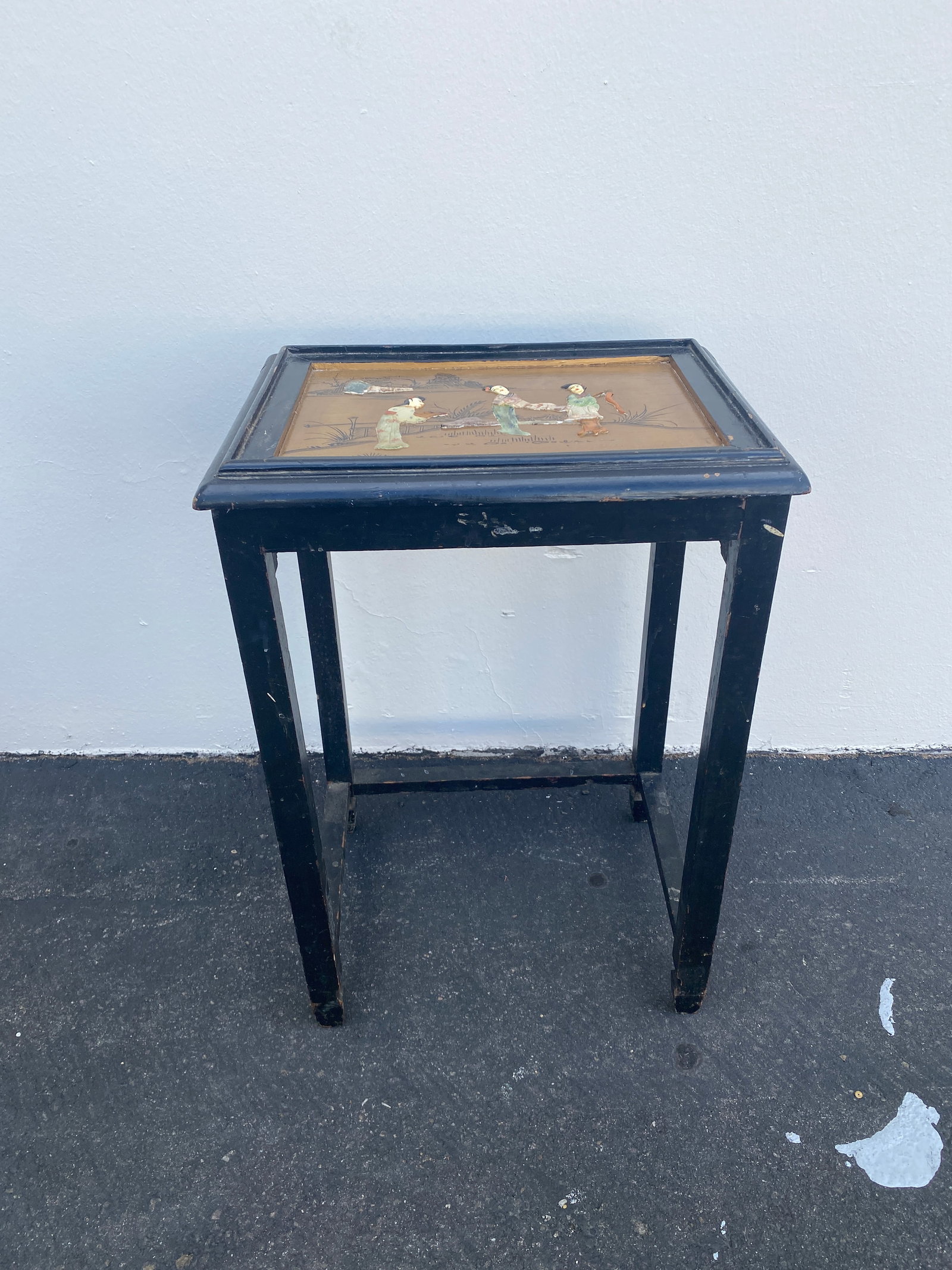 Chinese Black Lacquered Side Table, Gilt Top with Stone Inlay Figures, Carved Panels (1 of 6)