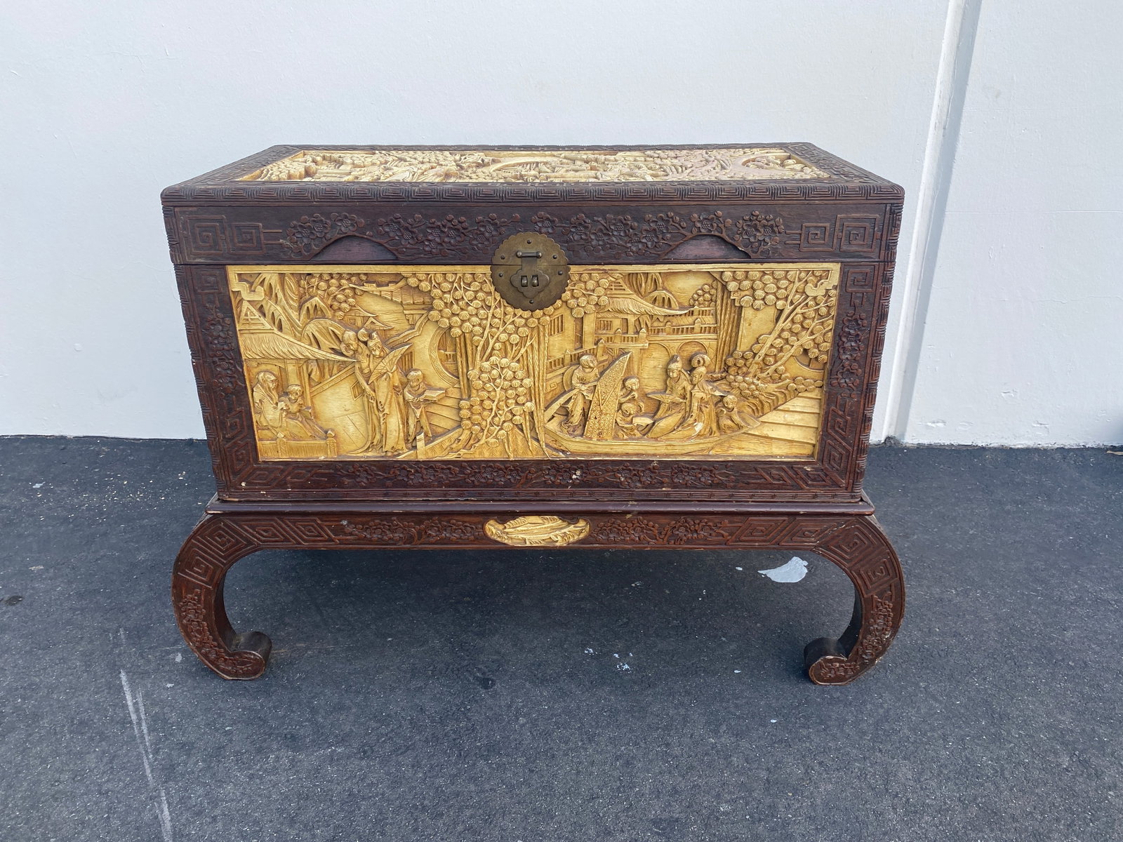Chinese Carved Gilt Wood Camphor Chest on Stand with Figural Scenes (1 of 6)