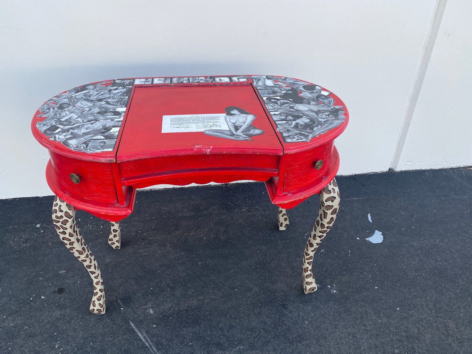 Bettie Page Themed Kidney Vanity Desk Red Leopard Decoupage Art Furniture (1 of 7)