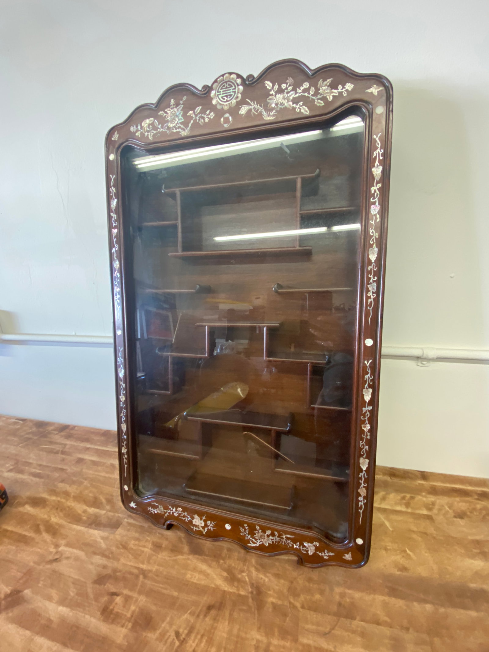 Chinese Rosewood Mother-of-Pearl Inlaid Glass-Front Wall-Hanging Display Cabinet (1 of 8)