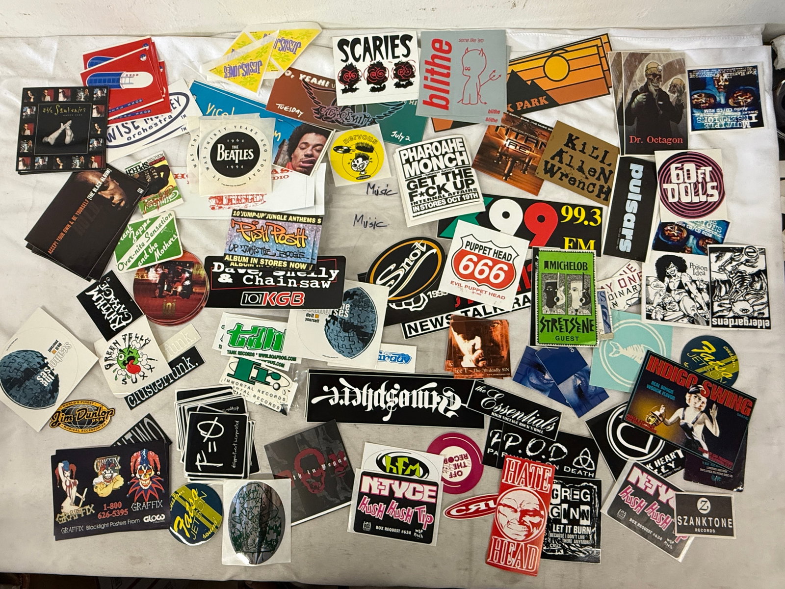 Vintage Music Promo Sticker Lot 90s Rock Punk Hip-Hop Beatles P.O.D. 60+ Pieces (1 of 3)