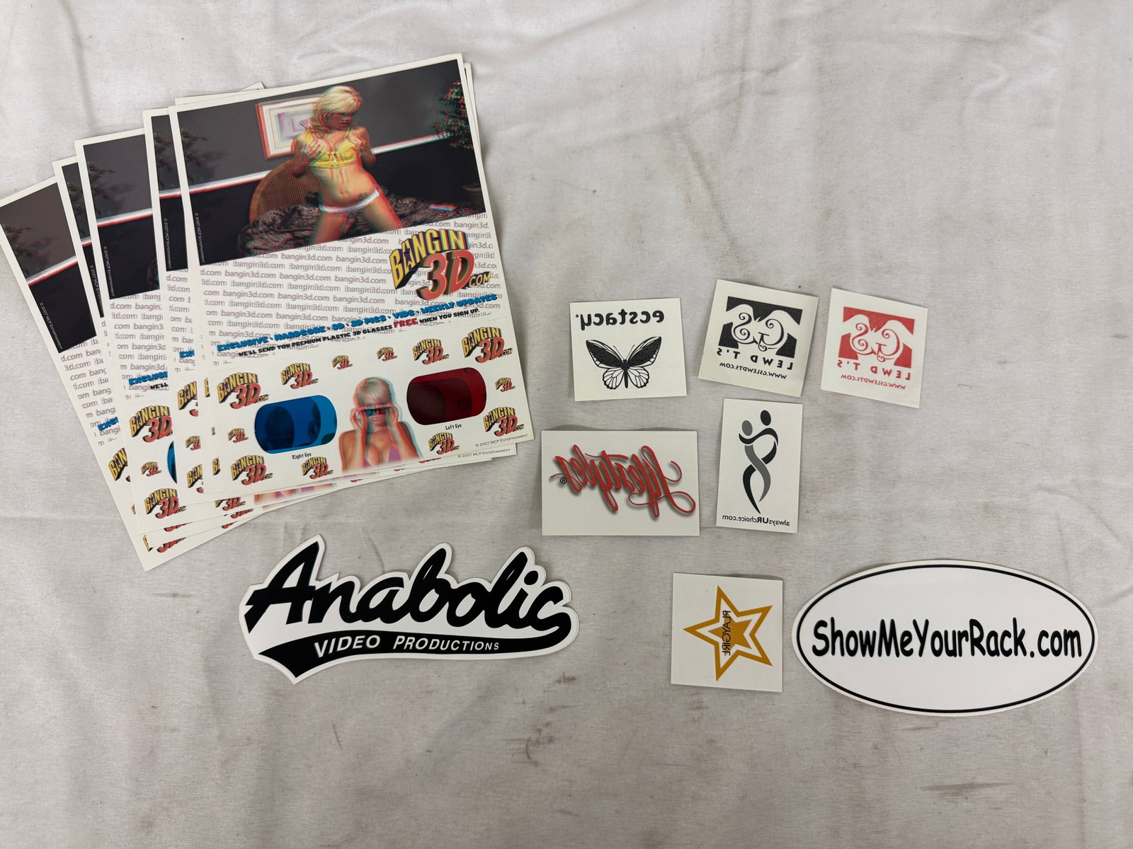 Anabolic Video Productions Adult Entertainment Promo Stickers & 3D Cards Lot (1 of 2)