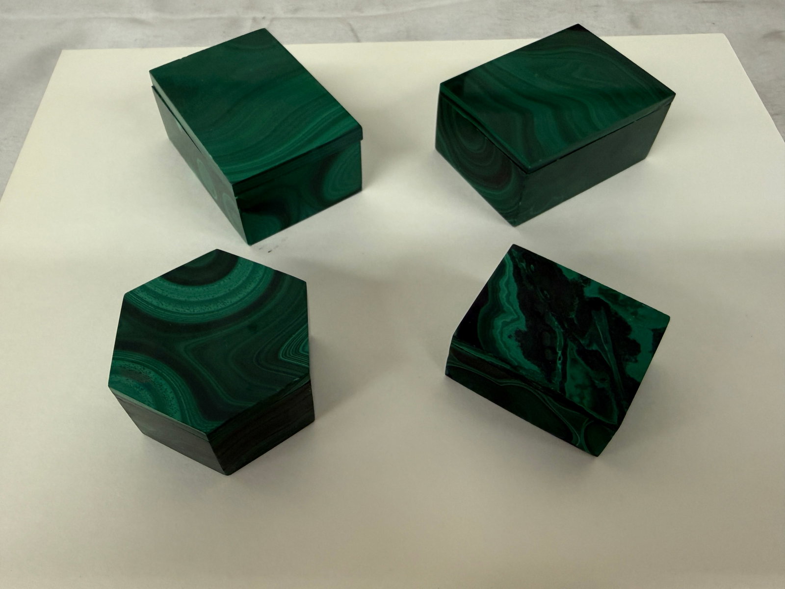 Set of Four Malachite Stone Trinket Boxes, Hexagonal and Rectangular Forms (1 of 3)