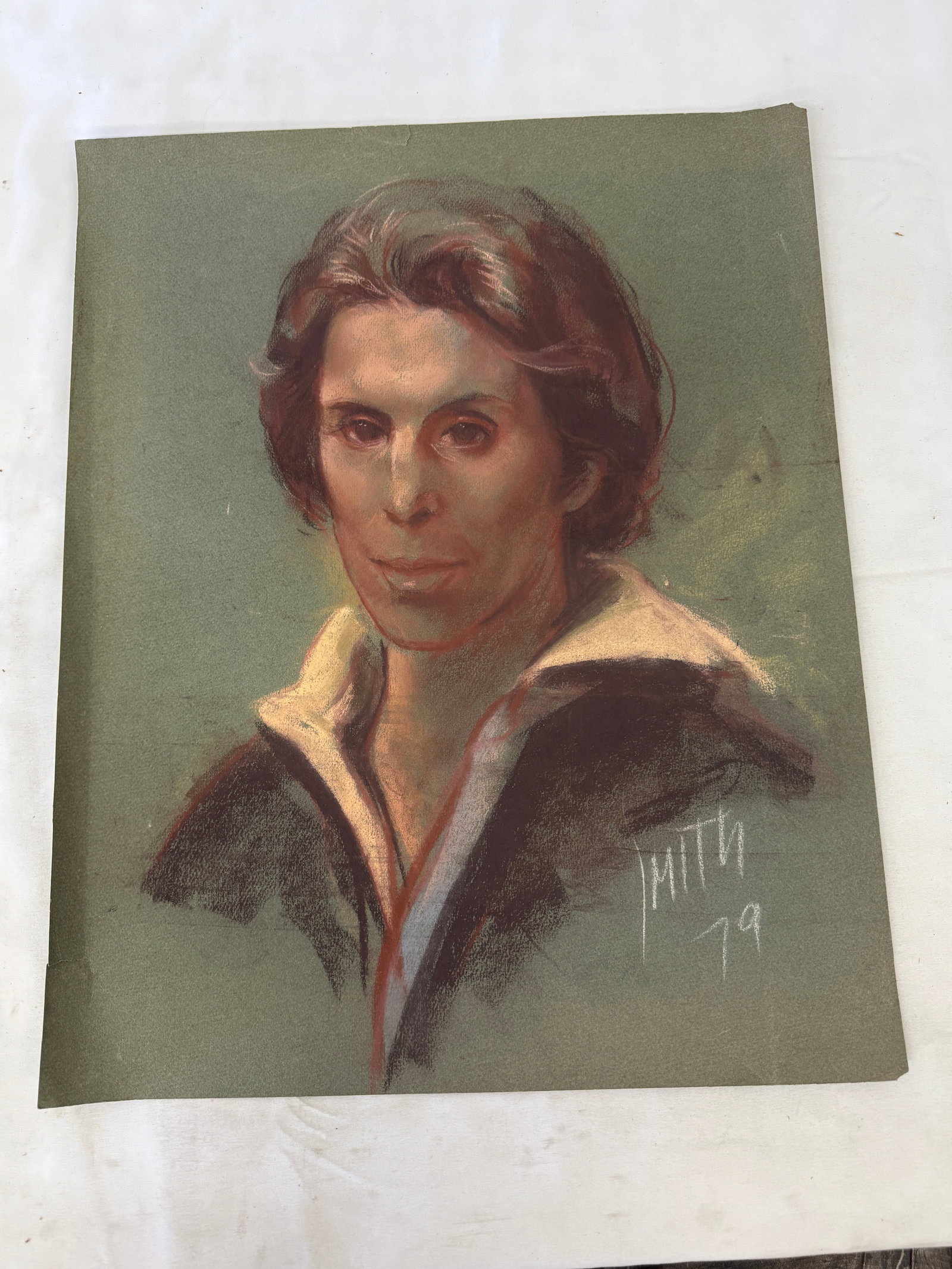Antique Pastel Portrait Study of a Young Man on Green Paper, 20x16 (1 of 4)