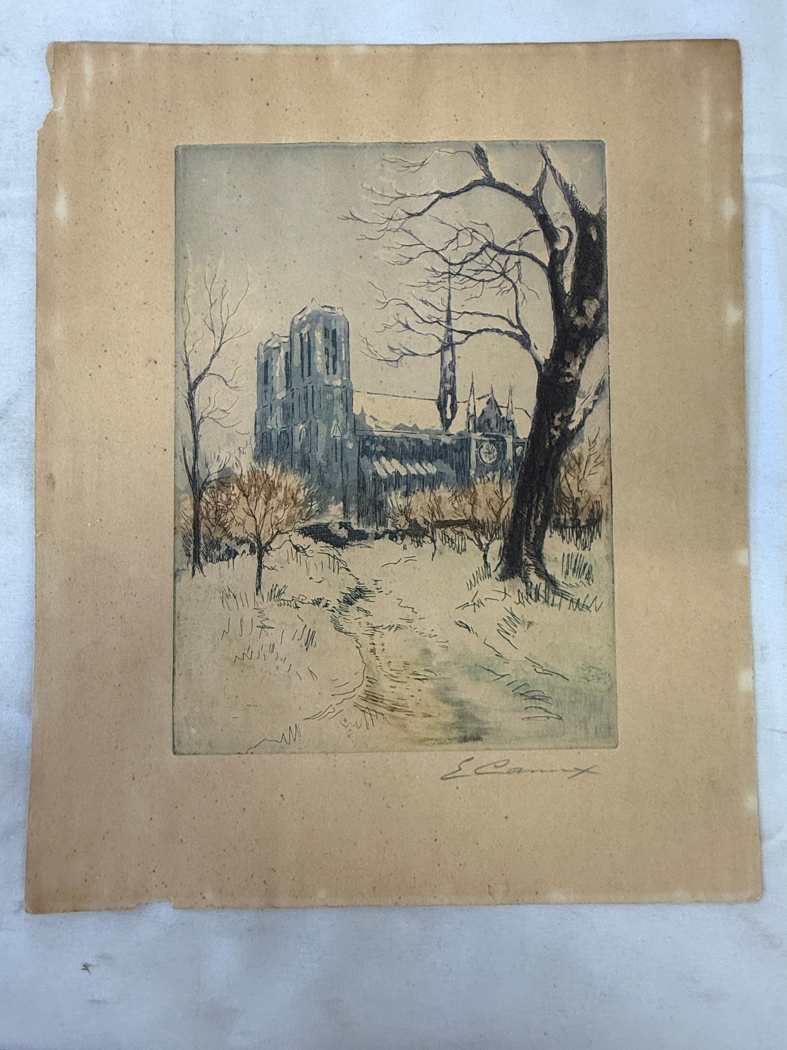 E. Camux Signed Color Etching Cathedral Winter Landscape, 12x10 inches (1 of 4)