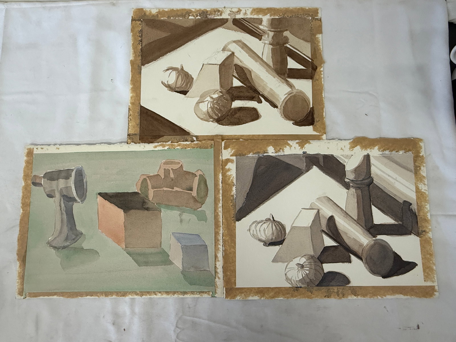 Three Watercolor Still Life Studies on Paper, Sepia and Green Tones: Three Watercolor Still Life Studies on Paper, Sepia and Green Tones