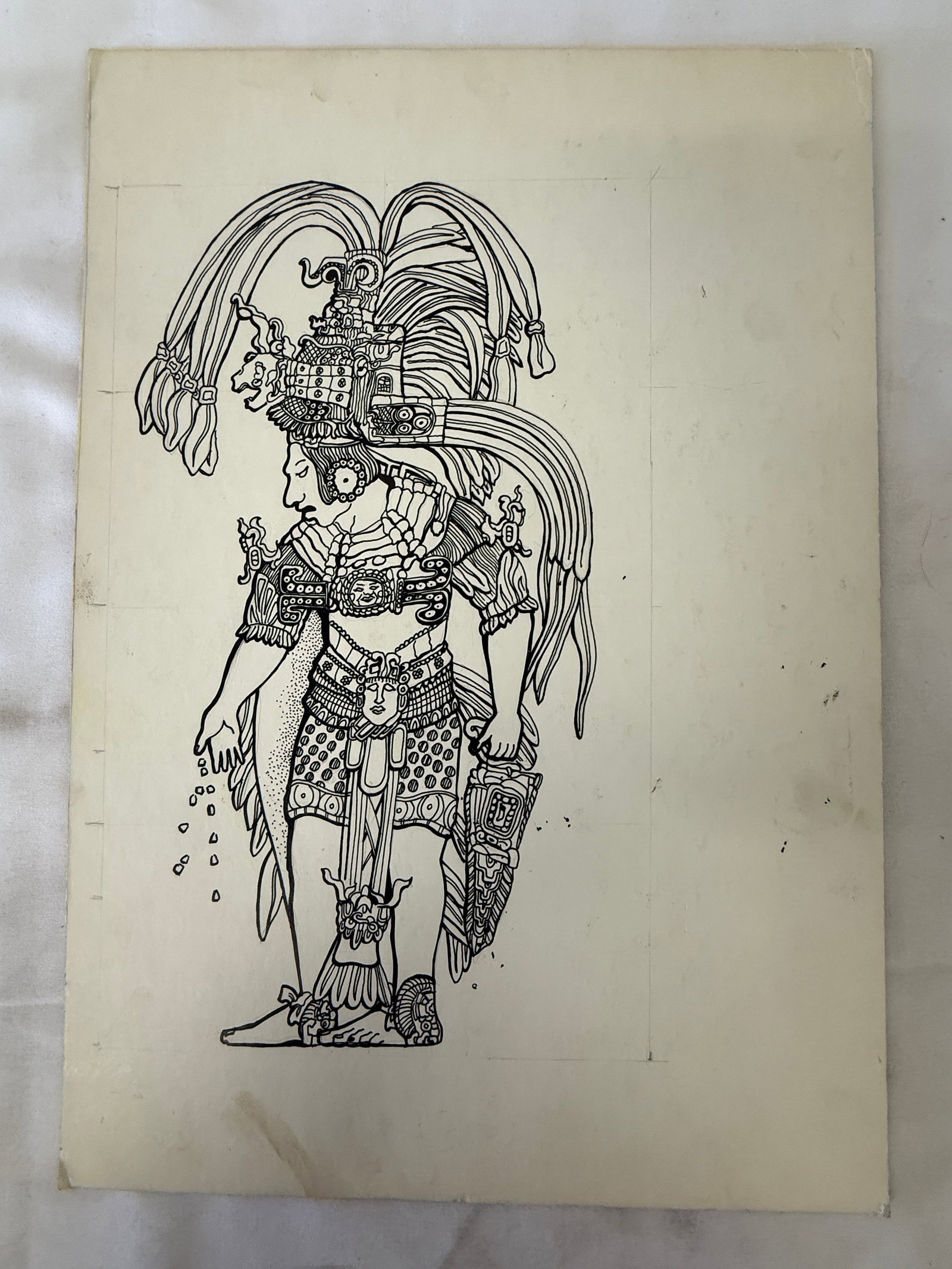 Maya Warrior Noble Original Ink Drawing on Board, Mesoamerican Art (1 of 3)