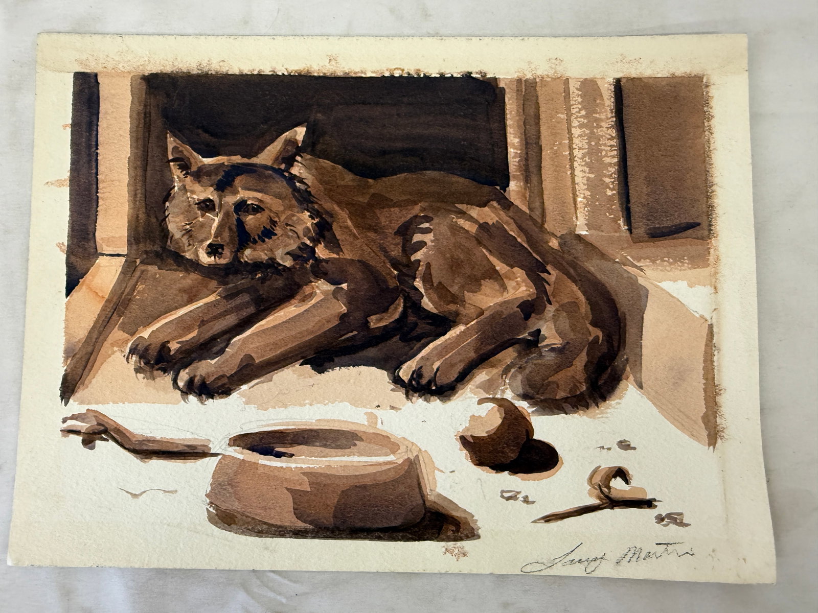 Luigi Martini Signed Watercolor Painting Resting Dog with Bowl, Sepia Tones (1 of 3)