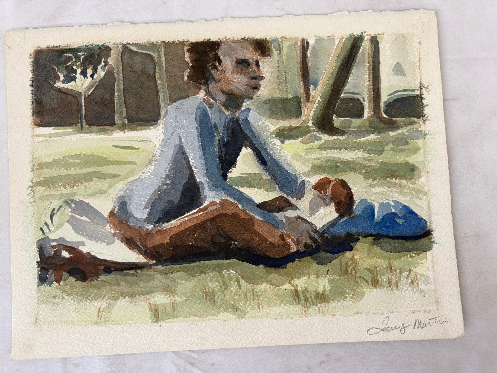 Larry Martin Signed Original Watercolor Painting Figure in Park Landscape (1 of 3)