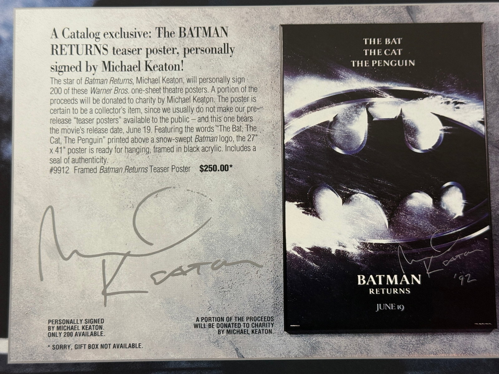 Batman Returns 1992 Warner Bros. Catalog Signed Michael Keaton Teaser Poster Ad (1 of 3)