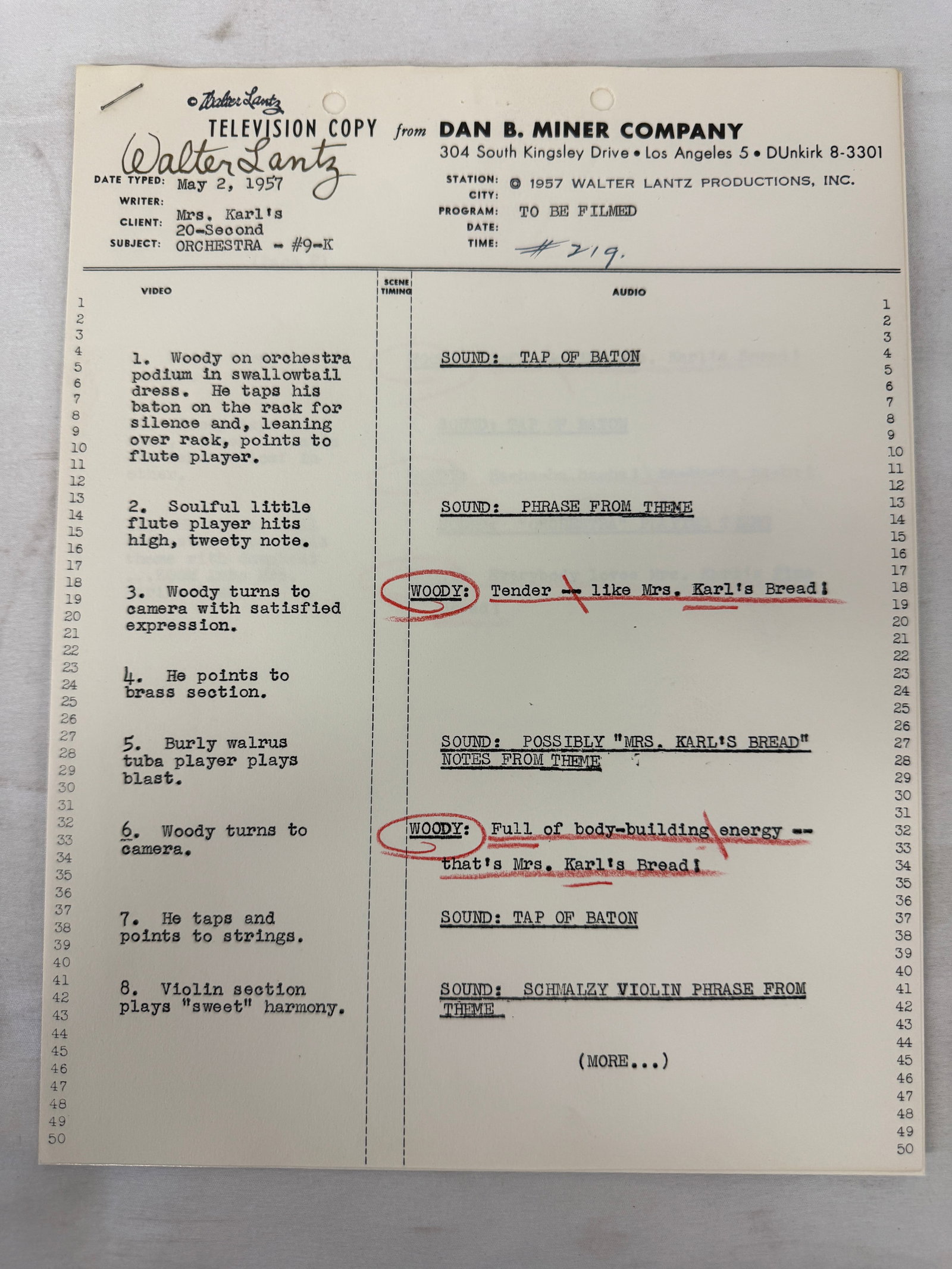 Walter Lantz Woody Woodpecker 1957 TV Commercial Script Mrs. Karl's Bread Ad (1 of 3)