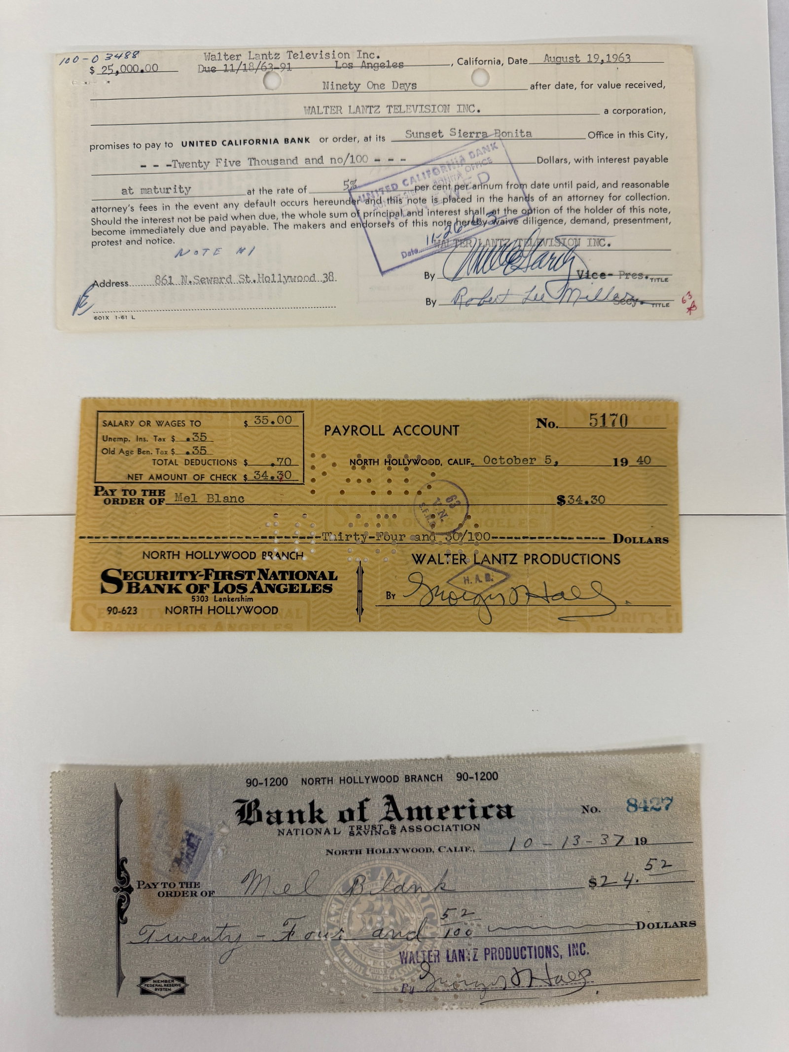 Mel Blanc Walter Lantz Productions Signed Payroll Checks & Promissory Note 1940 (1 of 4)