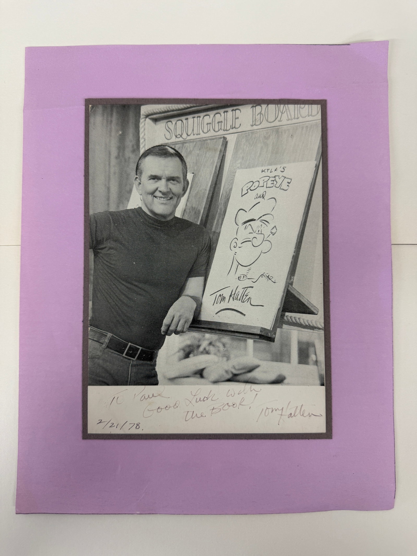 Tom Hatten KTLA Popeye Show Signed Photo Dedicated to Paul 1978 Squiggle Board (1 of 3)
