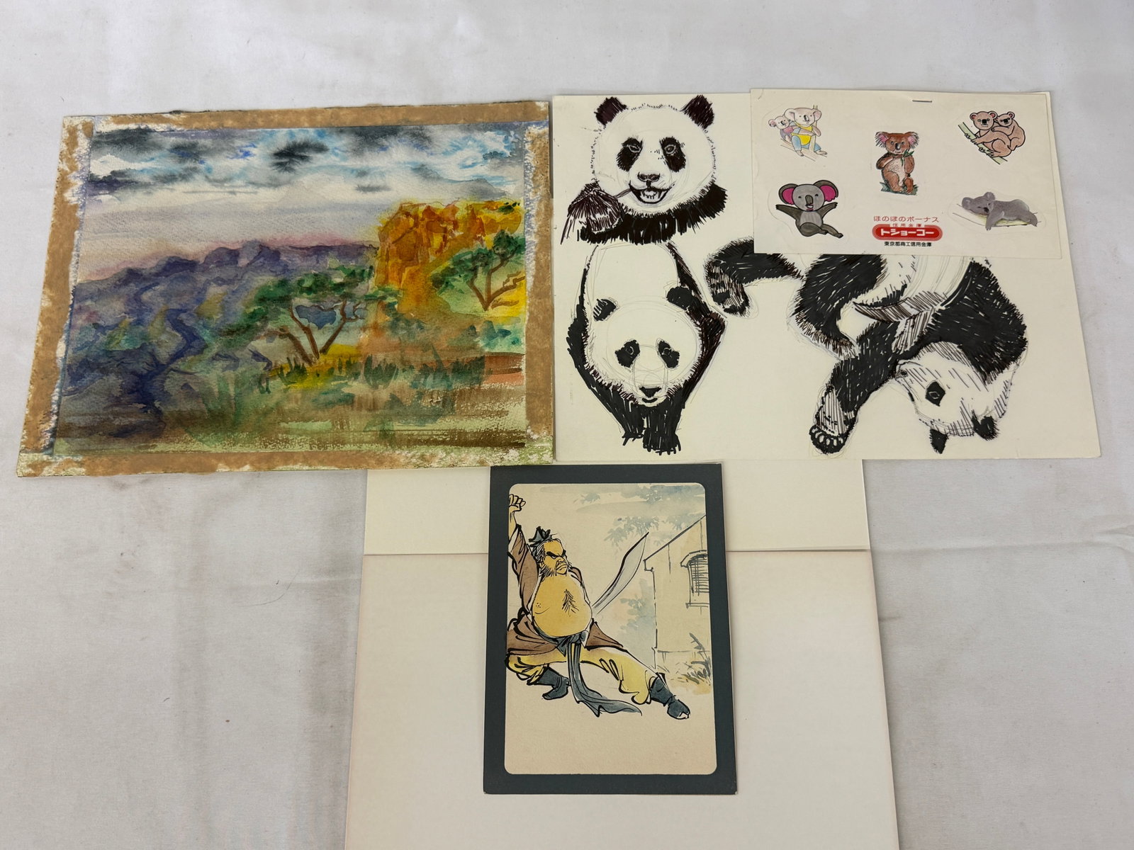Japanese Panda & Koala Illustration Art with Watercolor Landscape & Warrior Painting Set (1 of 2)