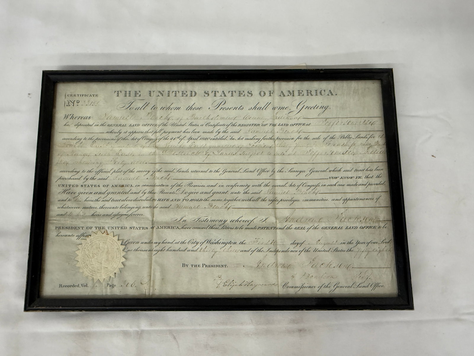 Andrew Jackson Signed 1833 U.S. Land Grant Patent Document with General Land Office Seal (1 of 4)