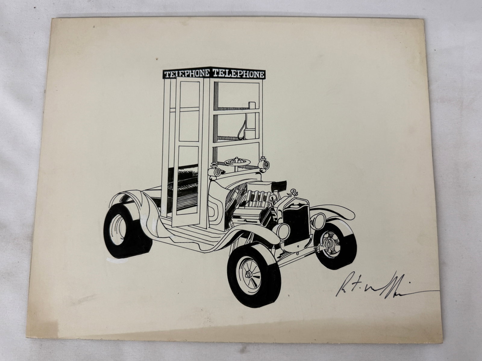 Hot Rod Telephone Booth Original Ink Drawing Signed R.T. Williams Detroit Art (1 of 3)