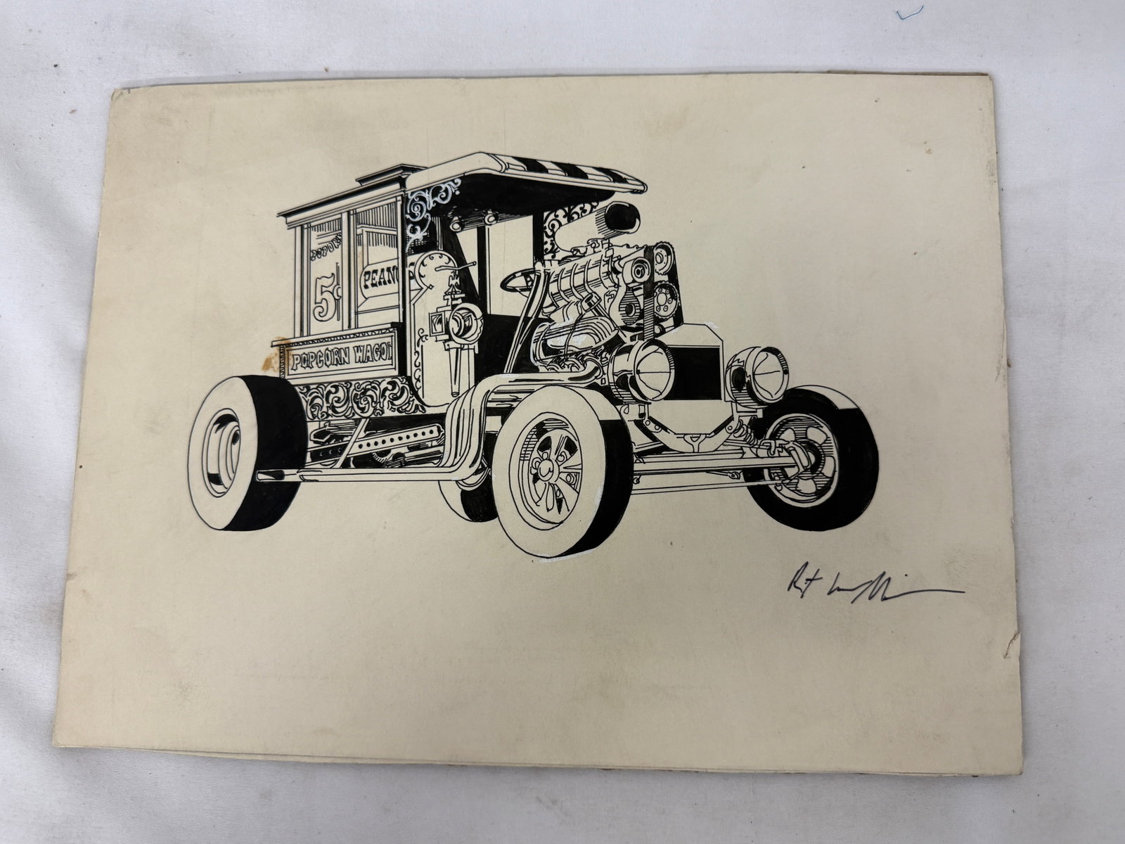 Original Signed Ink Drawing 'Popcorn Wagon' Hot Rod Art on Lewis Illustration Board (1 of 3)