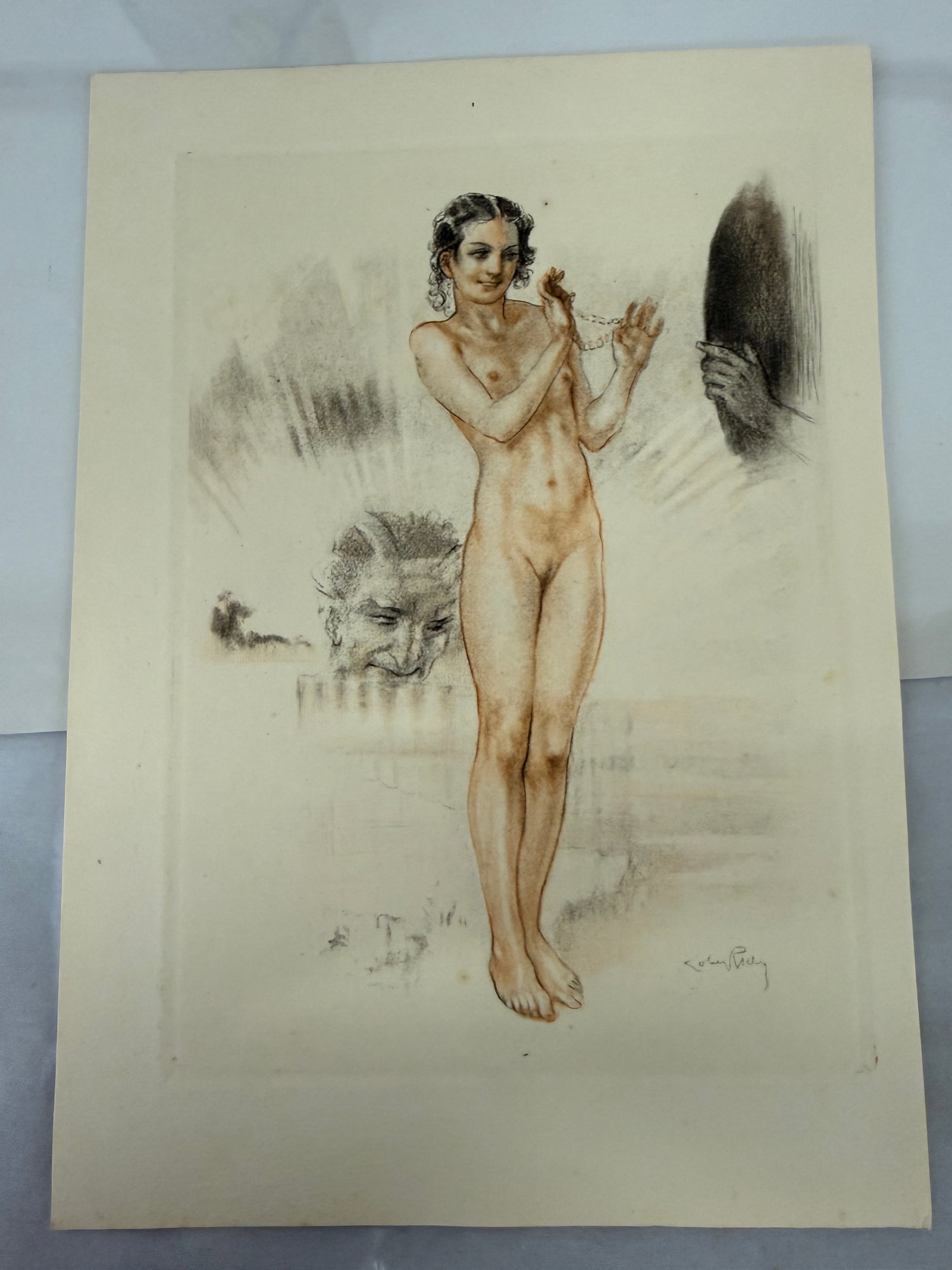 Robert Philley Art Deco Nude Figure with Chain Pencil & Watercolor Drawing: Robert Philley Art Deco Nude Figure with Chain Pencil & Watercolor Drawing