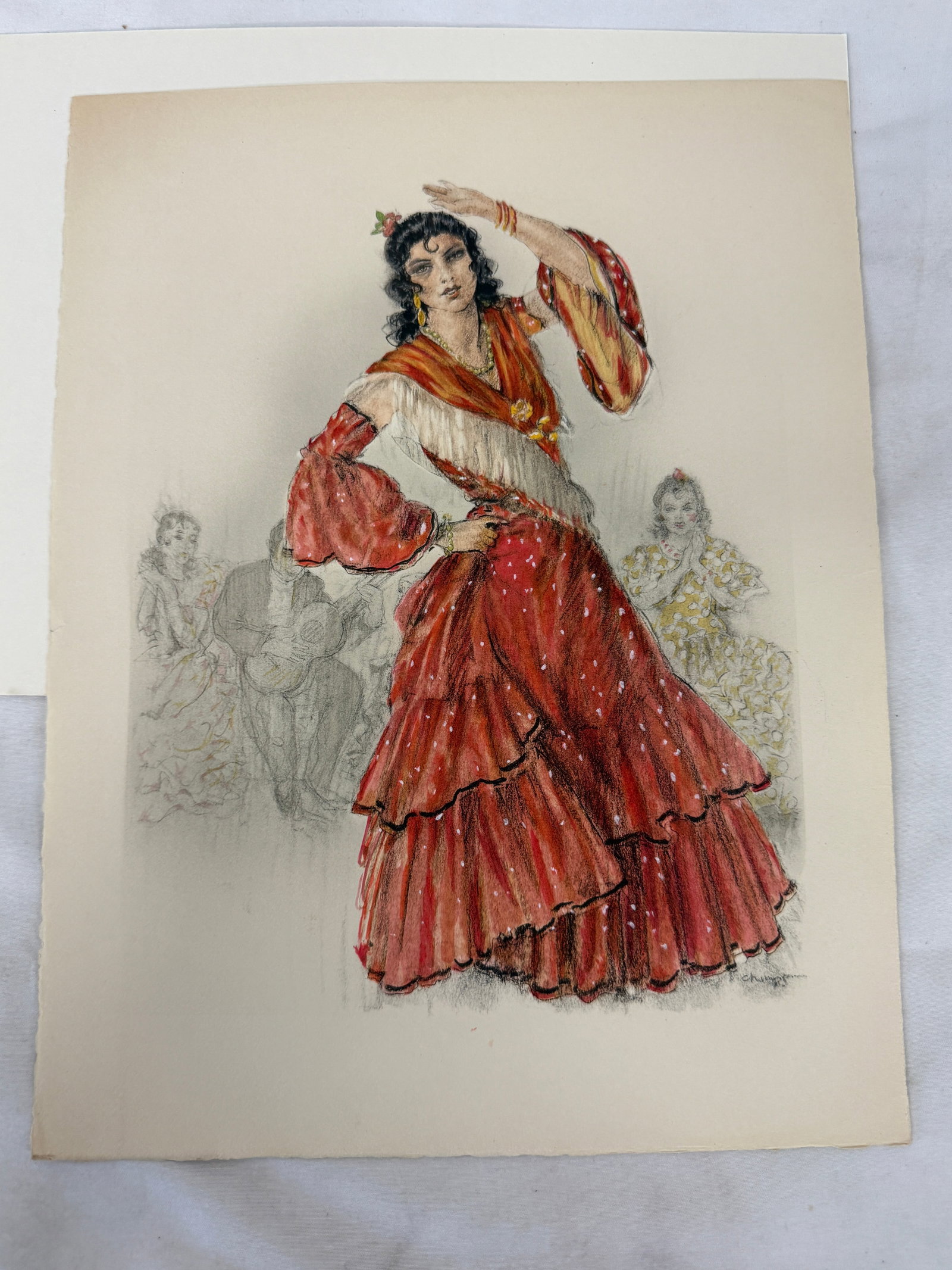 Flamenco Dancer Mixed Media Drawing, Signed Chumpton, Watercolor & Charcoal (1 of 5)