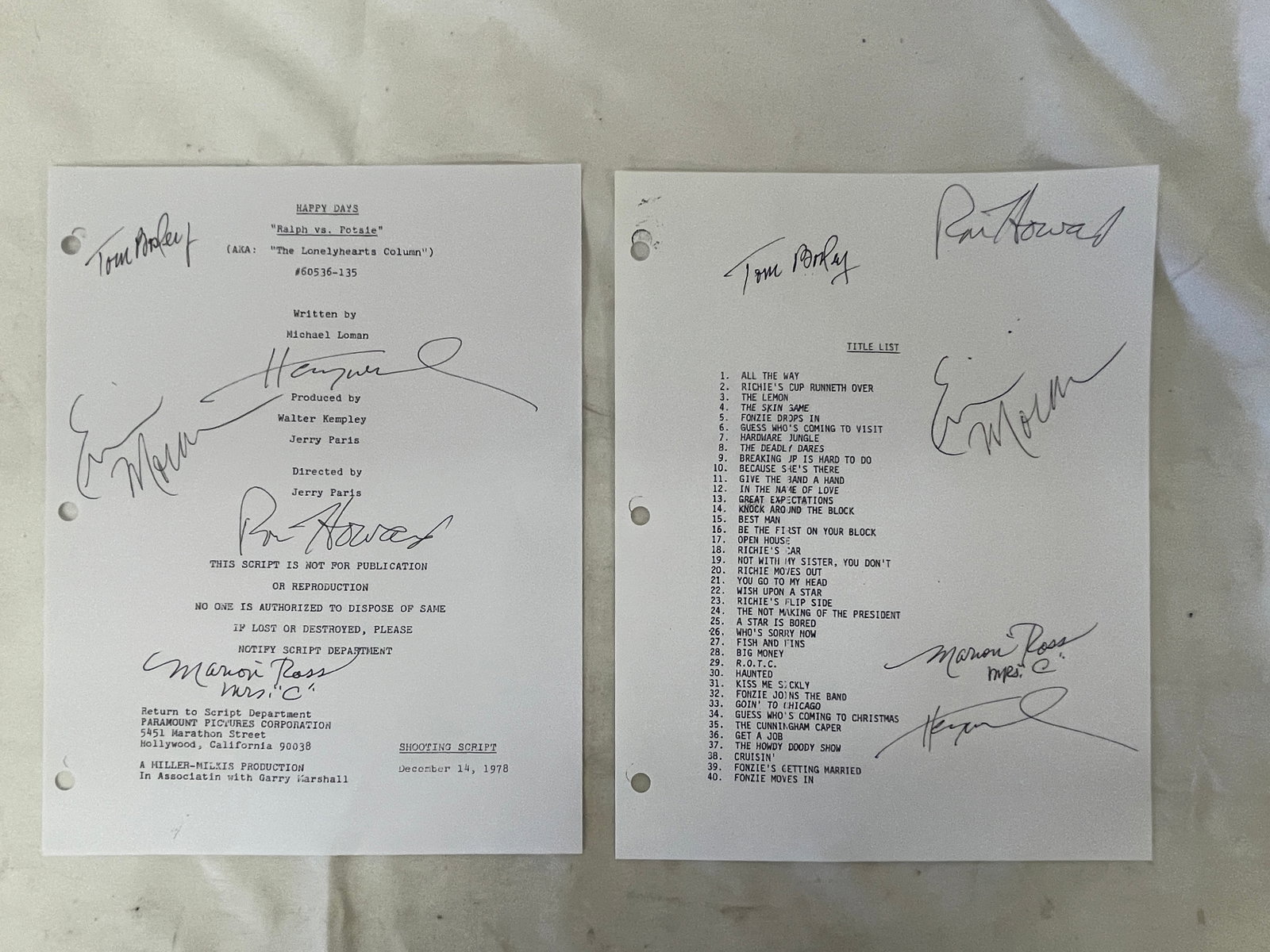 Happy Days 1978 Shooting Script Signed Ron Howard Marion Ross Tom Bosley++ (1 of 5)