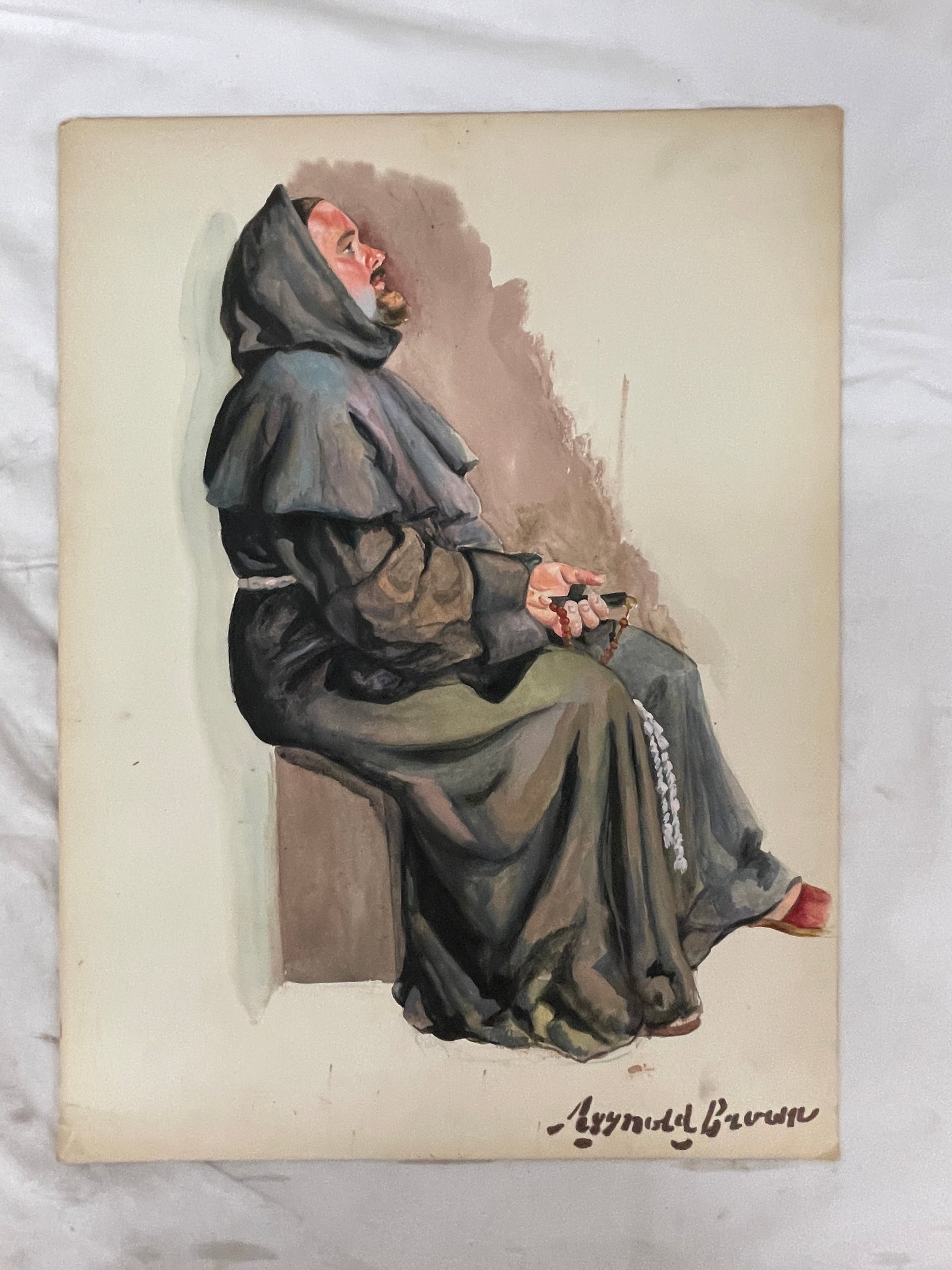 Reynold Brown Watercolor Painting Seated Monk with Rosary, 15x20 inches (1 of 5)