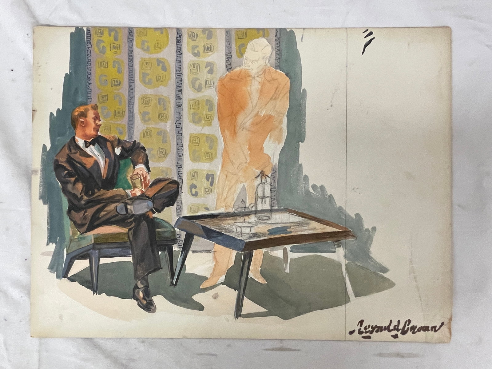 Reynold Brown Original Gouache Illustration Art, Two Men Interior Scene, 15x20 (1 of 5)