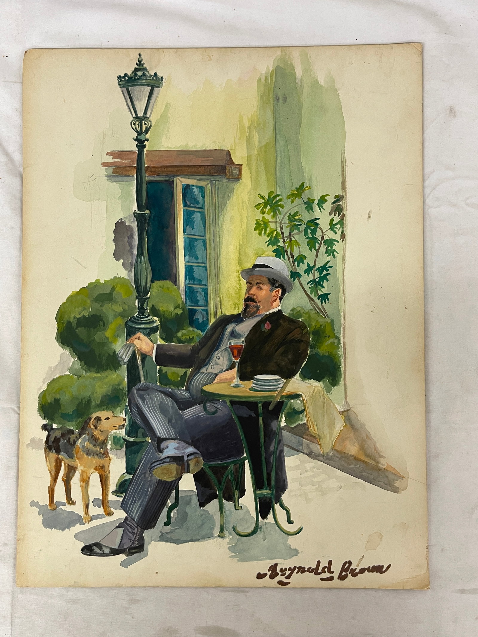 Reynold Brown Original Watercolor Gouache Illustration Man with Dog Garden Scene (1 of 5)