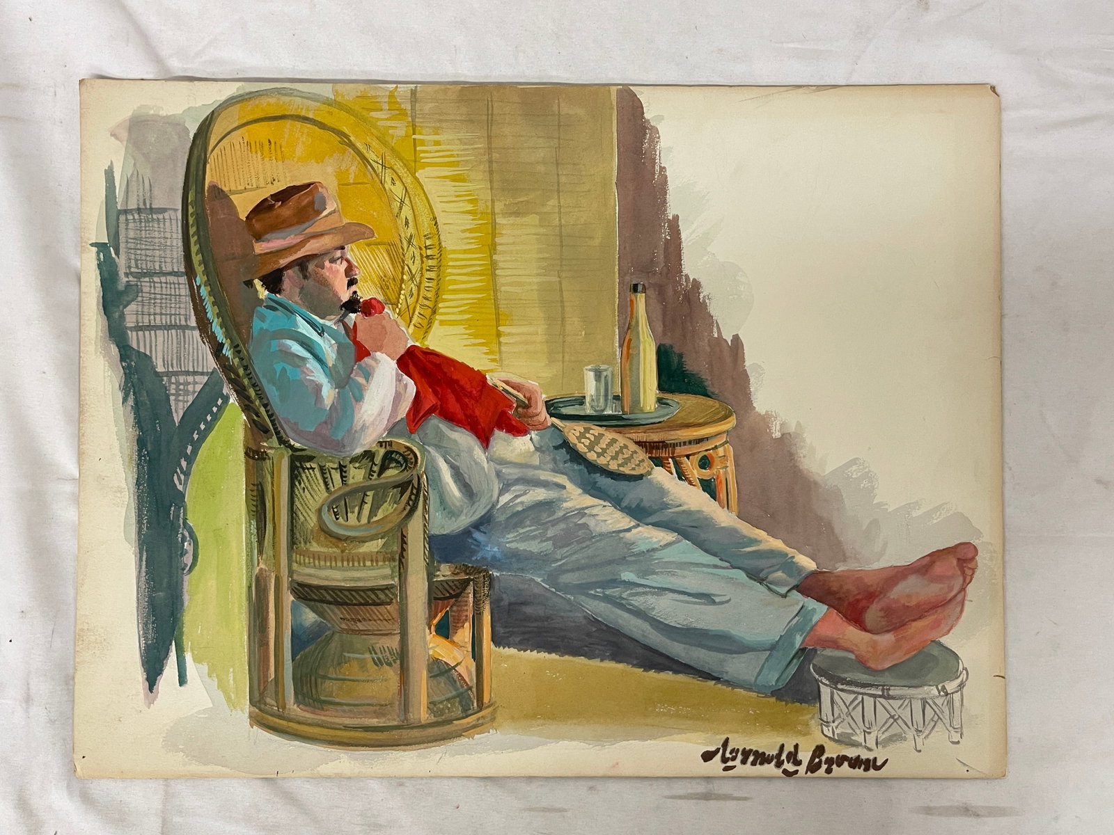 Reynold Brown Original Gouache Illustration Art Man in Wicker Chair 15x20 (1 of 6)