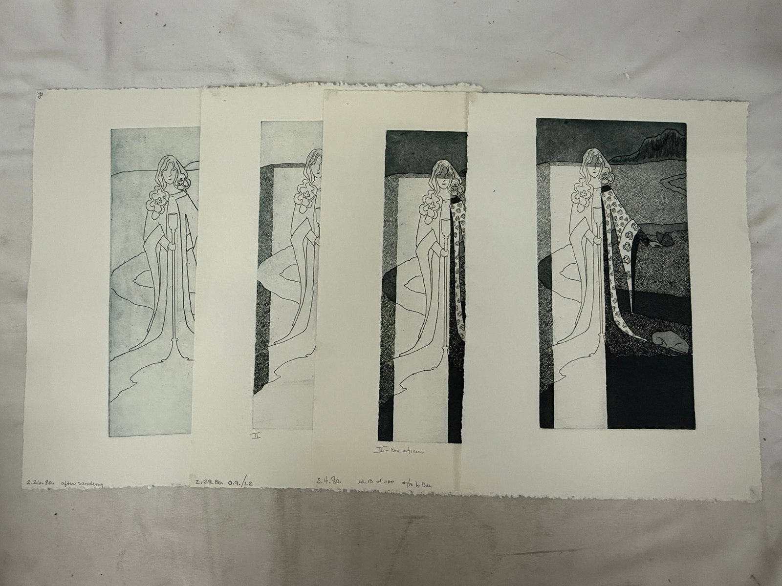 Etching Progressive Proof Set Robed Figure Aquatint 4 States 1980 Signed (1 of 3)