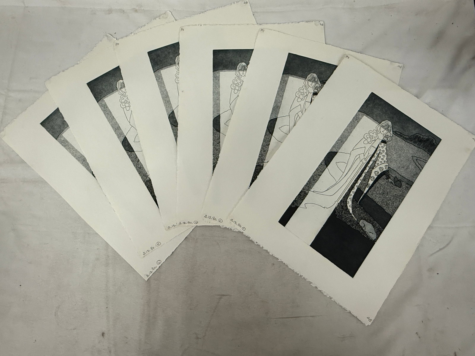 Set of 7 Original Intaglio Prints Female Figure Dated 3.13.80 Deckle Edge Paper: Set of 7 Original Intaglio Prints Female Figure Dated 3.13.80 Deckle Edge Paper