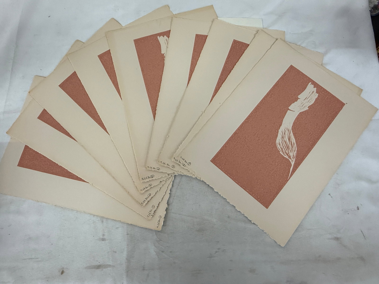 Set of 9 Original Linocut Prints Botanical Plant Study Dated 7.24.80 Deckle Edge (1 of 4)