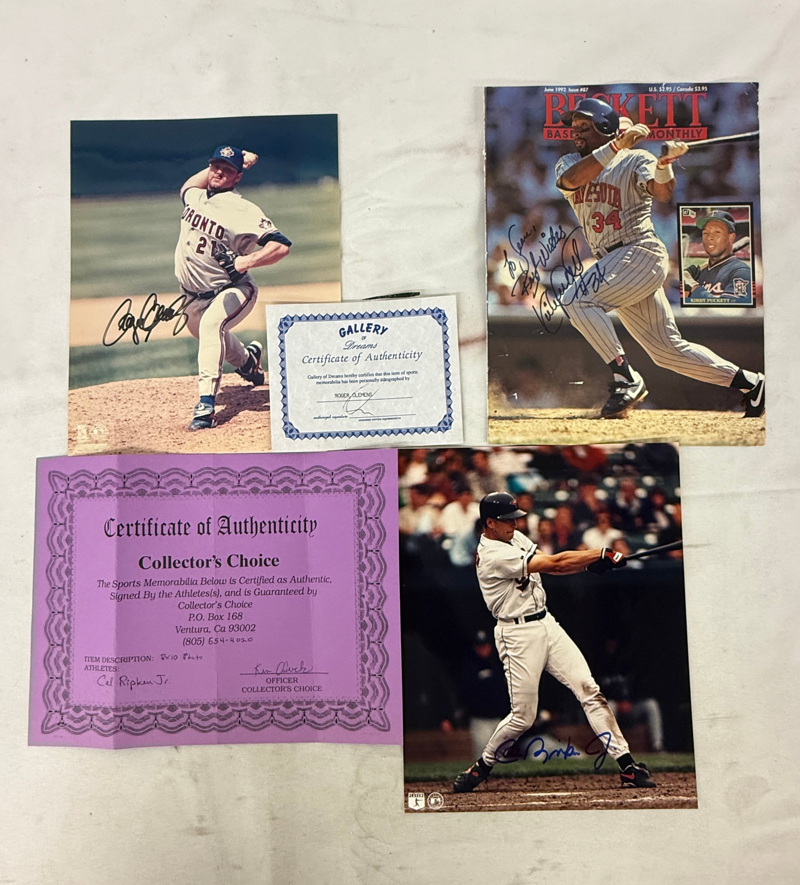 MLB Legends Autographed Lot: Roger Clemens, Cal Ripken Jr., Kirby Puckett w/COAs (1 of 6)
