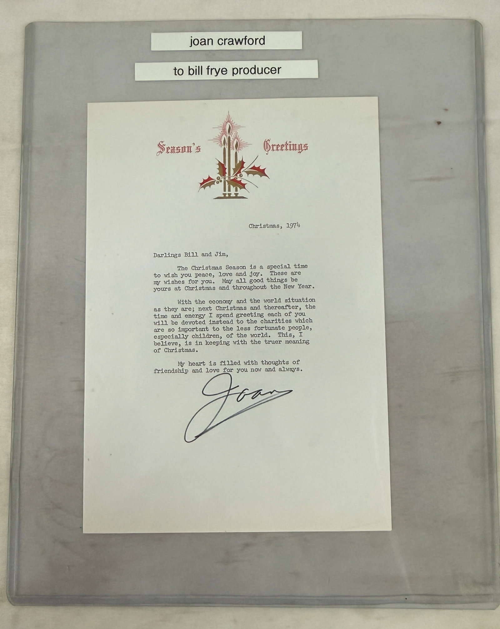 Joan Crawford Signed Christmas Letter 1974 to Producer Bill Frye Typed (1 of 3)