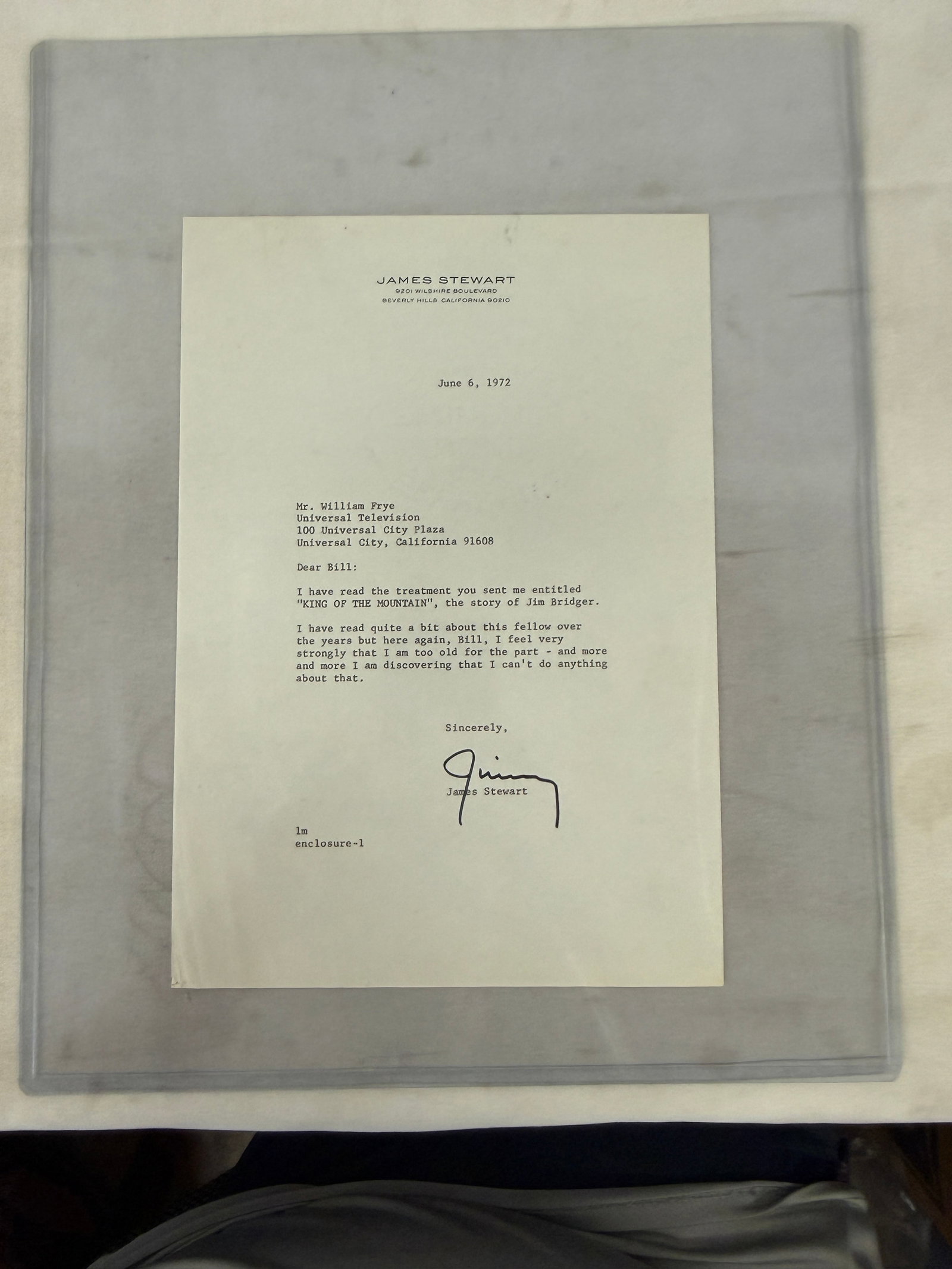 James Stewart Signed Typed Letter 1972 Declining Jim Bridger Role Universal TV (1 of 3)