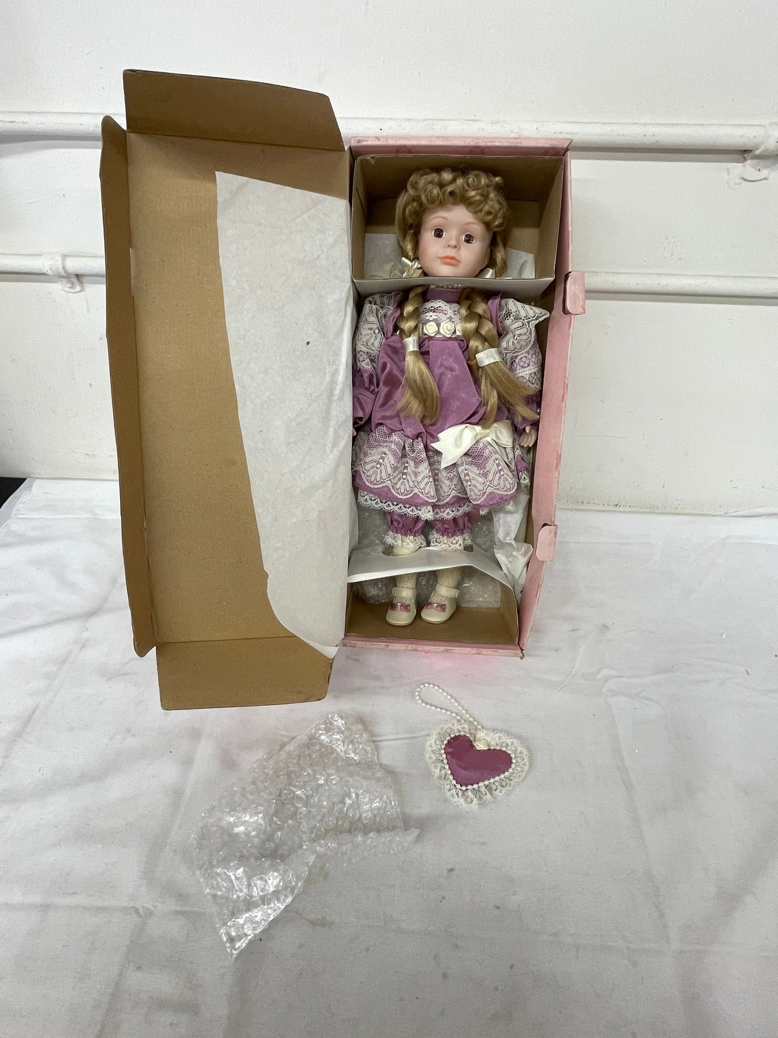 Design Debut Porcelain Girl Doll, Blonde Braids, Purple Lace Dress, Boxed (1 of 6)