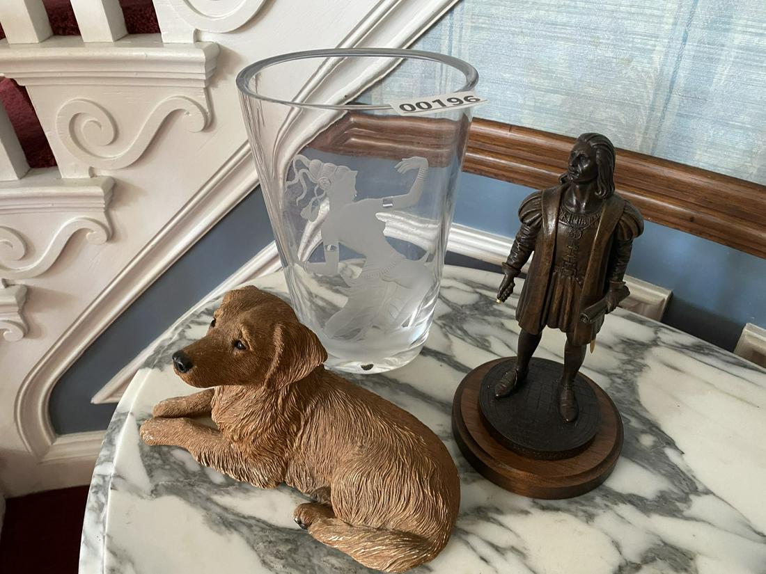 Etched Crystal Orrefors Vase signed PLUS: PLUS Albert Petitto Bonded Bronze Christopher Columbus, resin dog statue. Free pickup or we'll carefully transport to the shipper for a $5 fee. They will call you to make shipping arrangements.