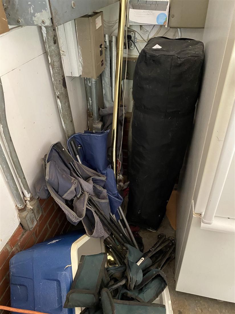 Corner lot of items - Large Pop up Canopy etc: Plus cooler, camp chairs. Canopy is 4' high when folded up. Shipping not available. You must pick up on the pickup day(s) or forfeit your purchase. Thank you!