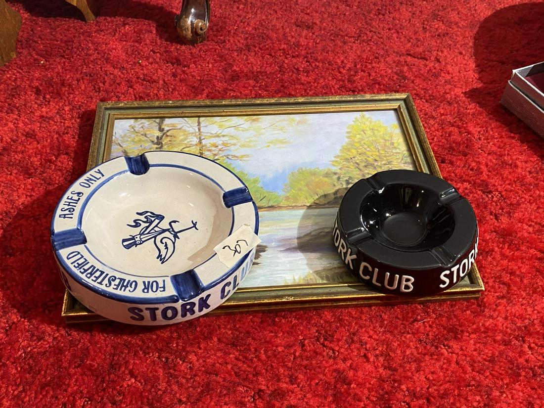 2 vintage Stork Club ashtrays PLUS vintage painting: Free pickup or we'll carefully transport to the shipper for a $3 fee. They will call you to make shipping arrangements.