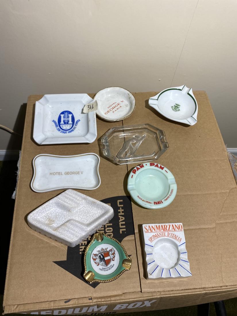 Group lot vintage European etc Ashtrays: Includes Pan Am Paris and more. Pan Am has some flakes and chips. Neat pieces. Free pickup or we'll carefully transport to the shipper for a $3 fee. They will call you to make shipping arrangements.
