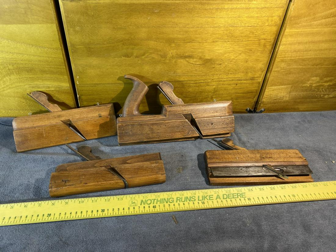 Group of 4 Antique Wooden Moulding Planes with Blades: Various makers and markings. 19th c. Free pickup or we'll drop with our shipper for a $3 fee.