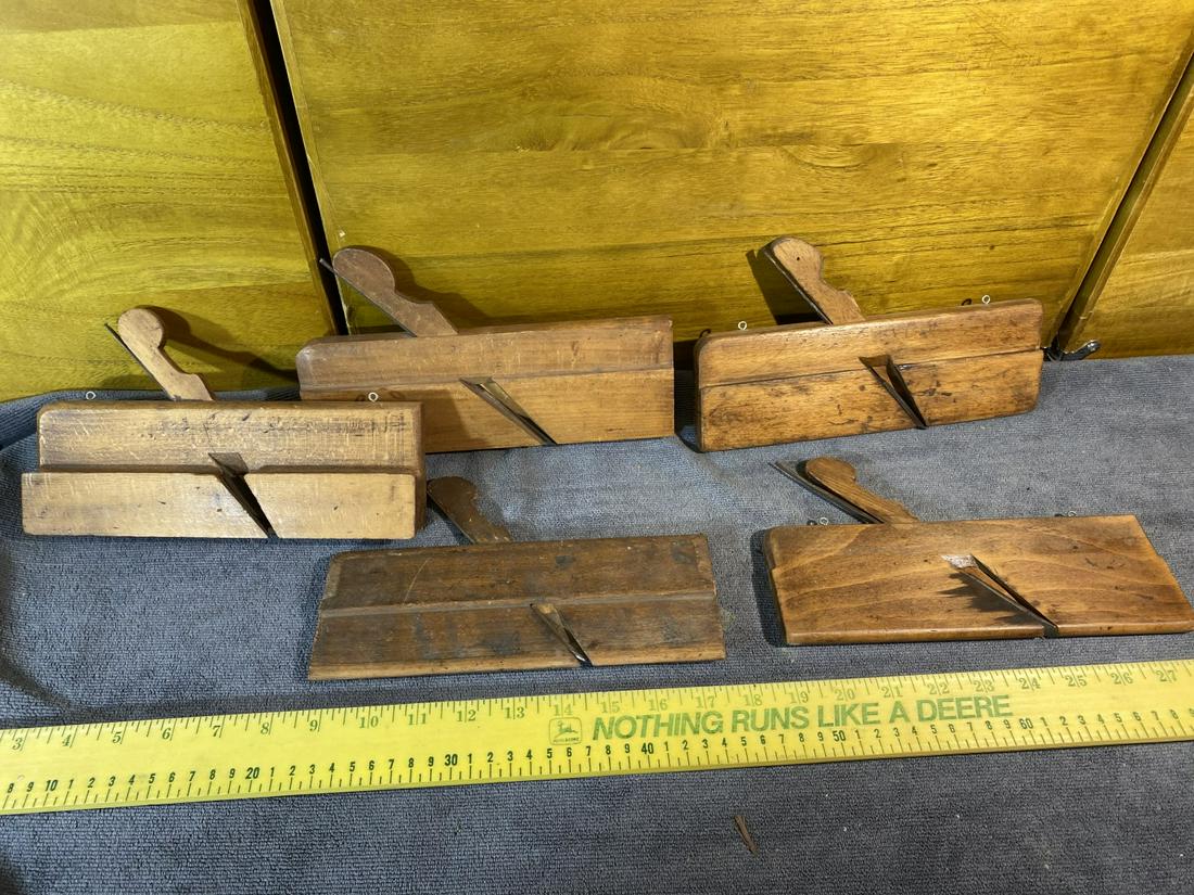 Group of 5 Antique Wooden Moulding Planes with Blades: Various makers and markings. 19th c. Free pickup or we'll drop with our shipper for a $3 fee.