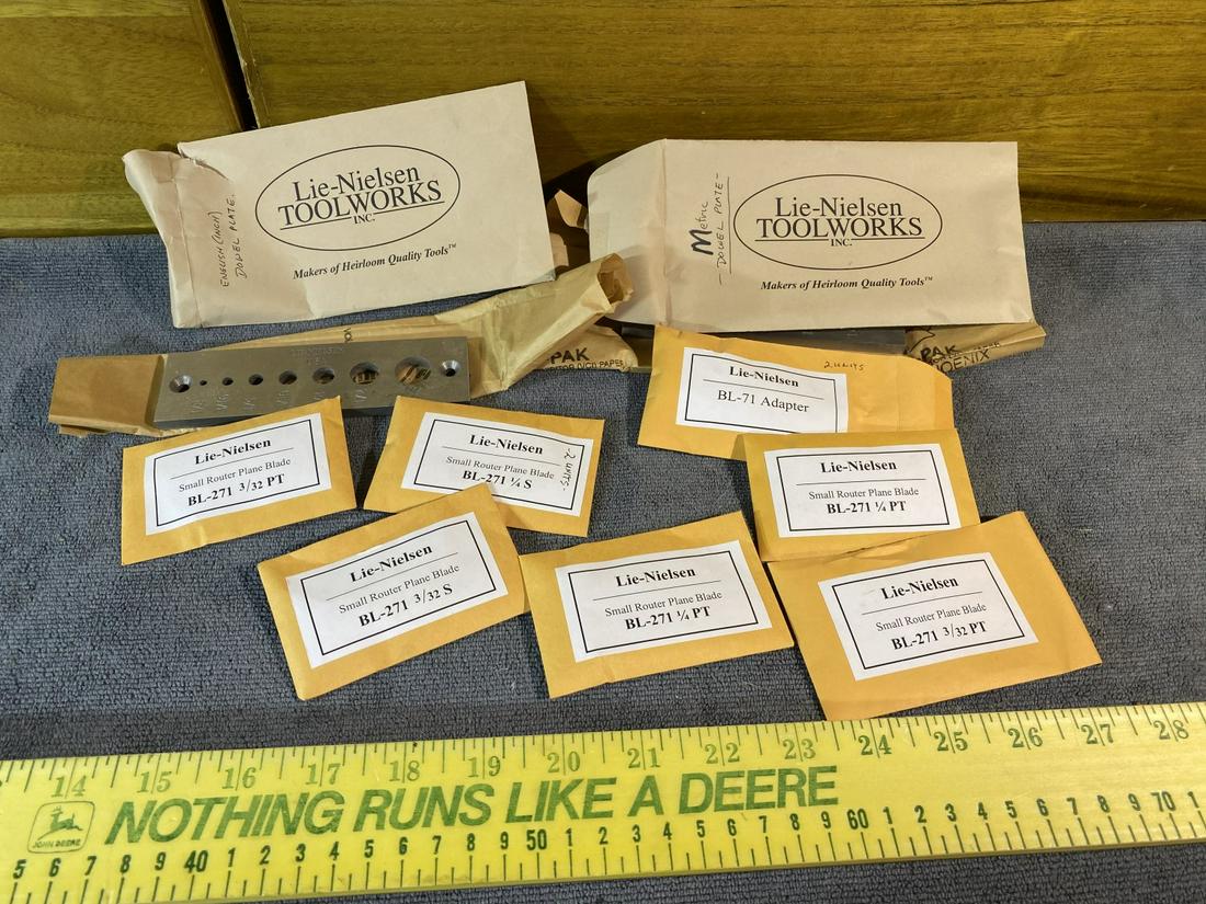 Large group lot of assorted Lie-Nielsen Toolworks Plane: Plus an English (Inch) Double Plate by Lie-Nielsen and a similar metric double plate. Free pickup or we'll drop with our shipper for a $3 fee.