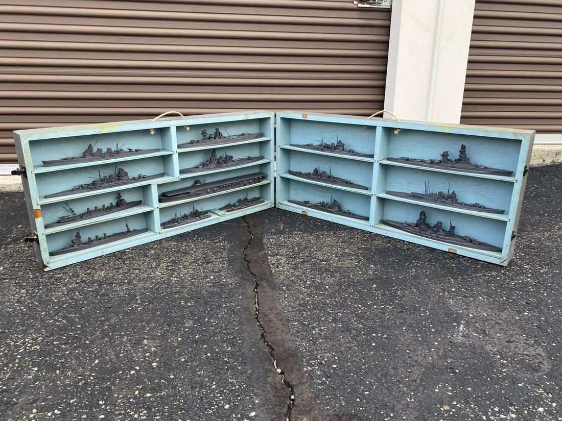 RARE WWII U.S Navy Teacher Models Japan Navy Ships: There was no device # or Sn# on this case, ships line both sides of the box, some pieces have detached but are present, a few are missing altogether. 37"W x 17"H x 7"D. Free pickup or we'll drop off a