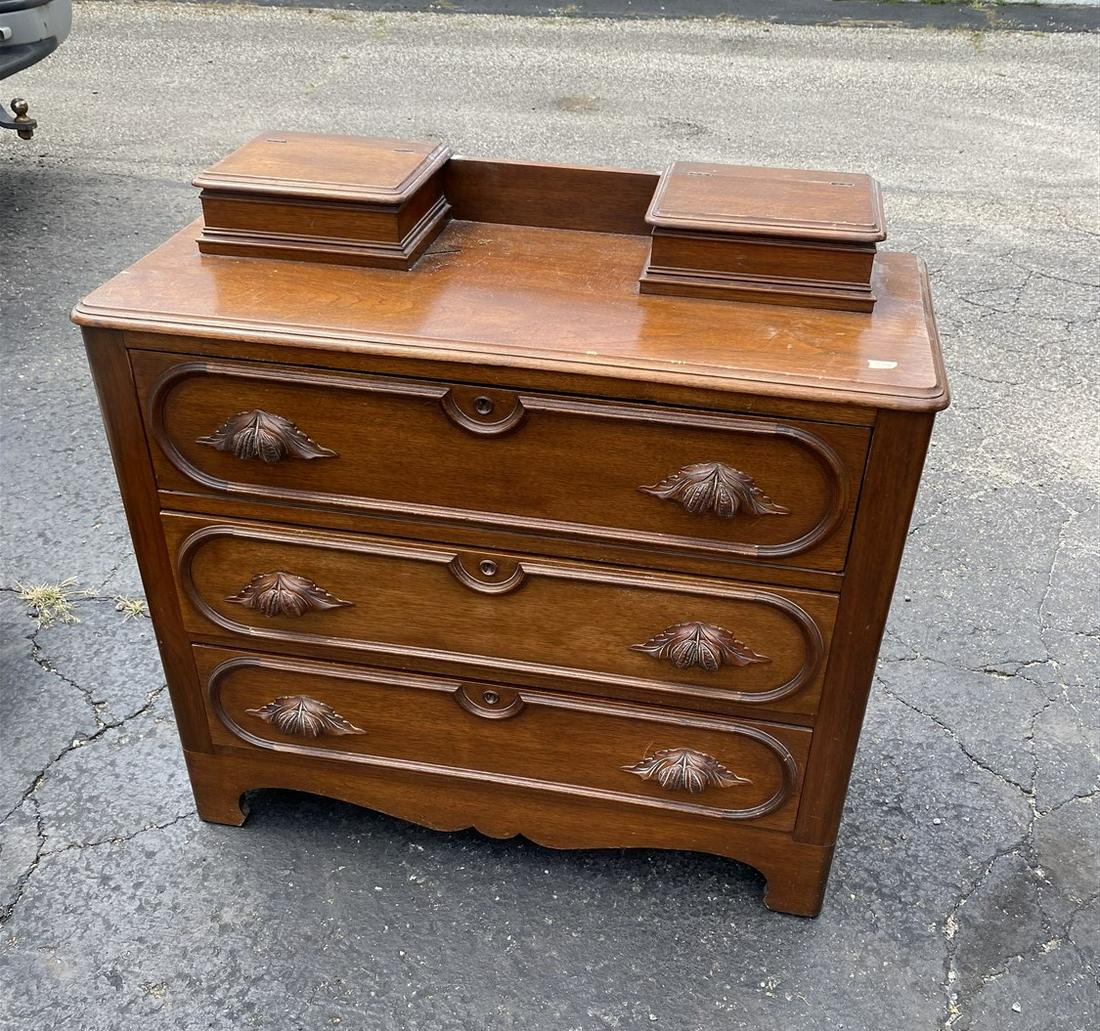 Antique Dresser with glove boxes, foliate pulls: 34" high x 38" wide x 16" deep. Shipping not available, you must pickup during the pickup window or forfeit your purchase!