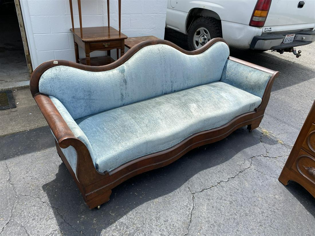 Antique Empire Era Couch with Mahogany Veneer: 7' long. Shipping not available, you must pickup during the pickup window or forfeit your purchase!